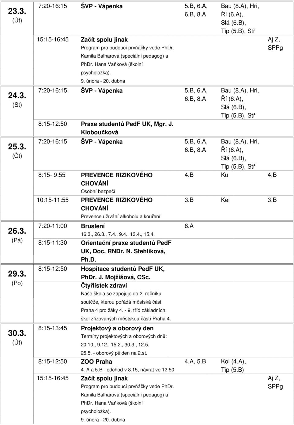 3., 7.4., 9.4., 13.4., 15.4. 8:15-13:45 Projektový a oborový den Termíny projektových a oborových dnů: 20.10., 9.12., 15.2., 30.3., 12.