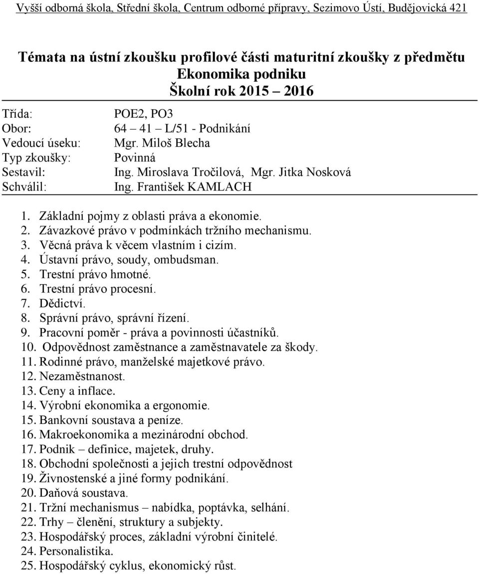 Trestní právo procesní. 7. Dědictví. 8. Správní právo, správní řízení. 9. Pracovní poměr - práva a povinnosti účastníků. 10. Odpovědnost zaměstnance a zaměstnavatele za škody. 11.