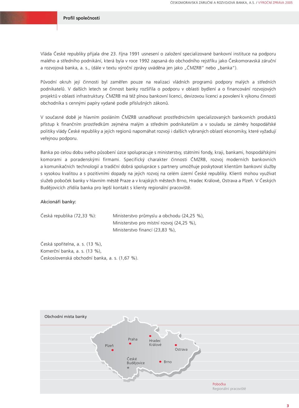 banka, a. s., (dále v textu výroční zprávy uváděna jen jako ČMZRB nebo banka ). Původní okruh její činnosti byl zaměřen pouze na realizaci vládních programů podpory malých a středních podnikatelů.