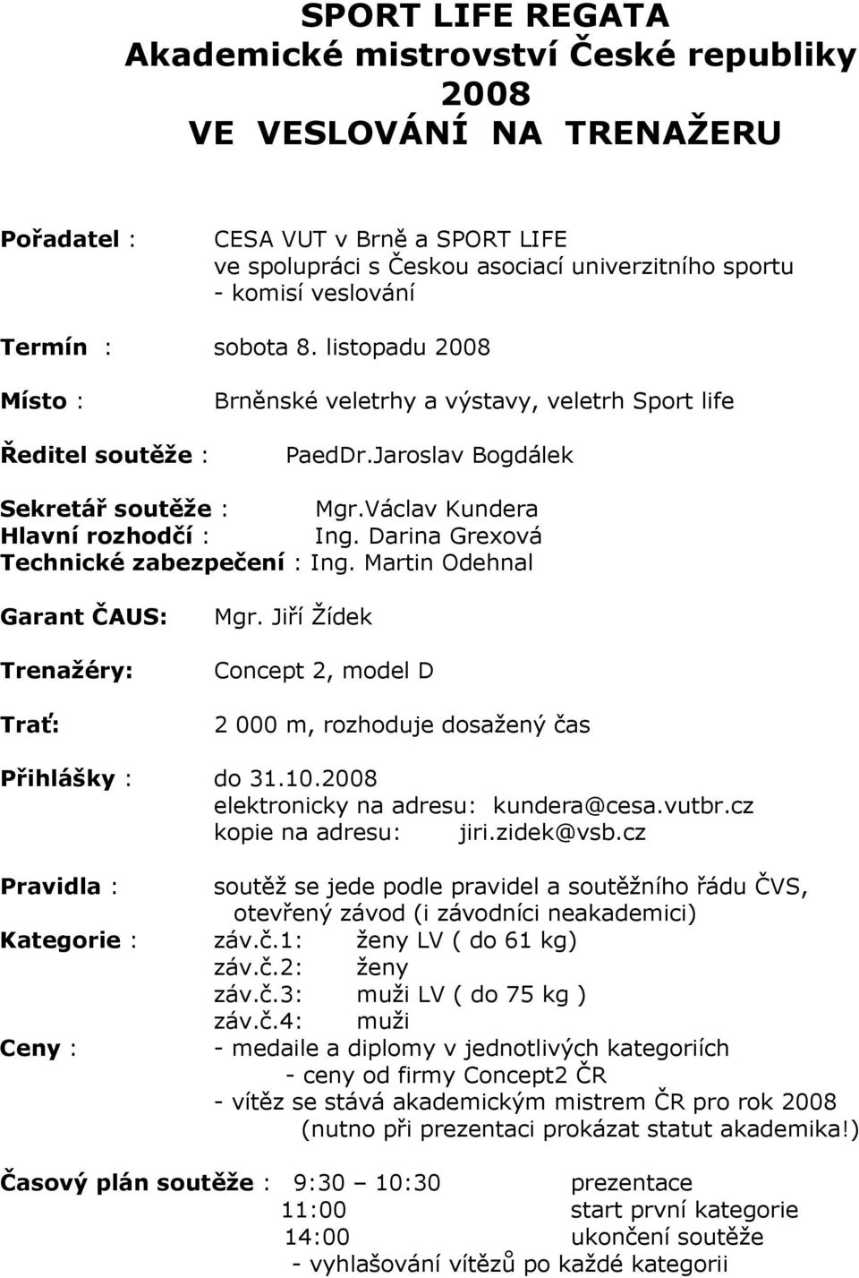 Václav Kundera Hlavní rozhodčí : Ing. Darina Grexová Technické zabezpečení : Ing. Martin Odehnal Garant ČAUS: Trenažéry: Trať: Mgr.