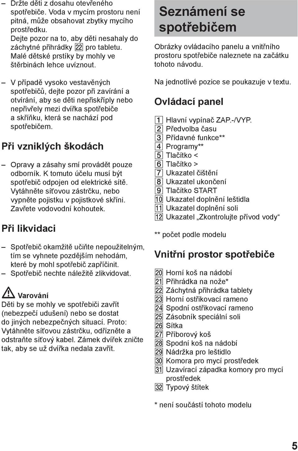 V případě vysoko vestavěných spotřebičů, dejte pozor při zavírání a otvírání, aby se děti nepřiskříply nebo nepřivřely mezi dvířka spotřebiče a skříňku, která se nachází pod spotřebičem.