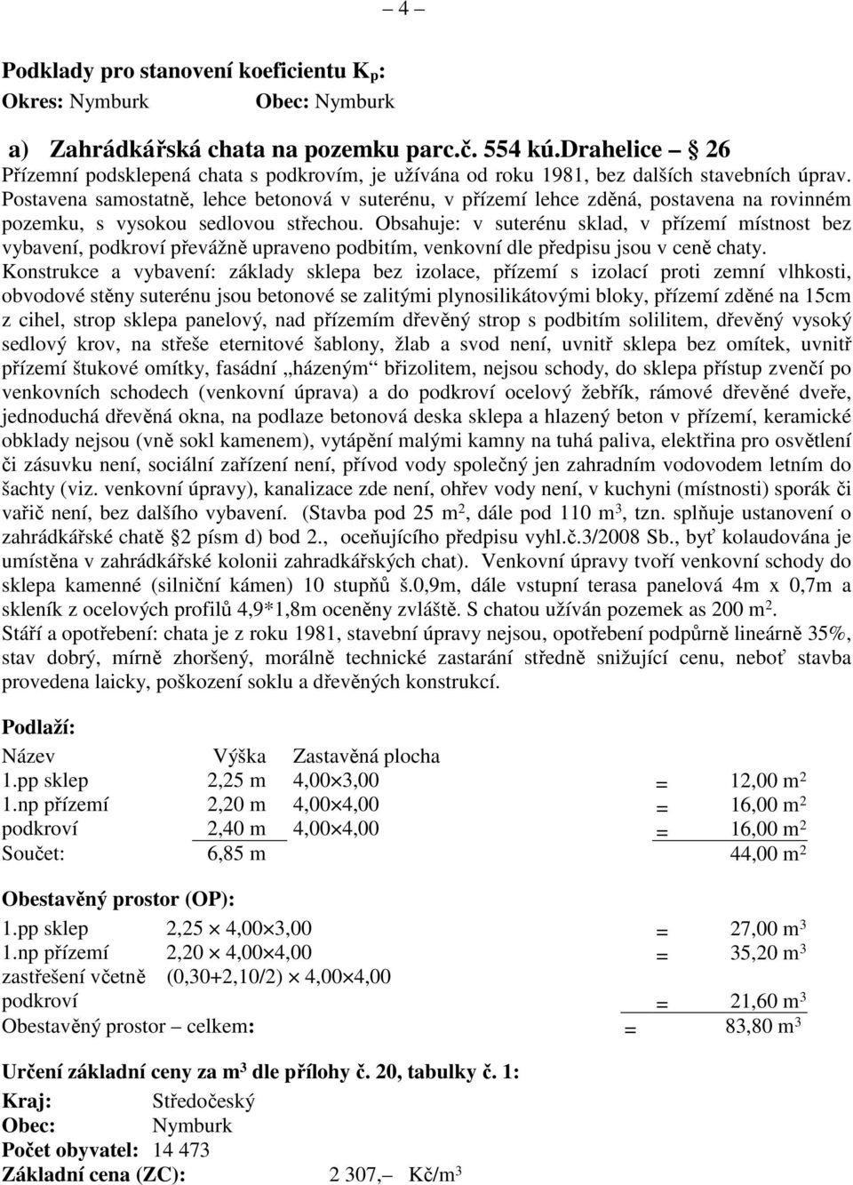 Postavena samostatně, lehce betonová v suterénu, v přízemí lehce zděná, postavena na rovinném pozemku, s vysokou sedlovou střechou.