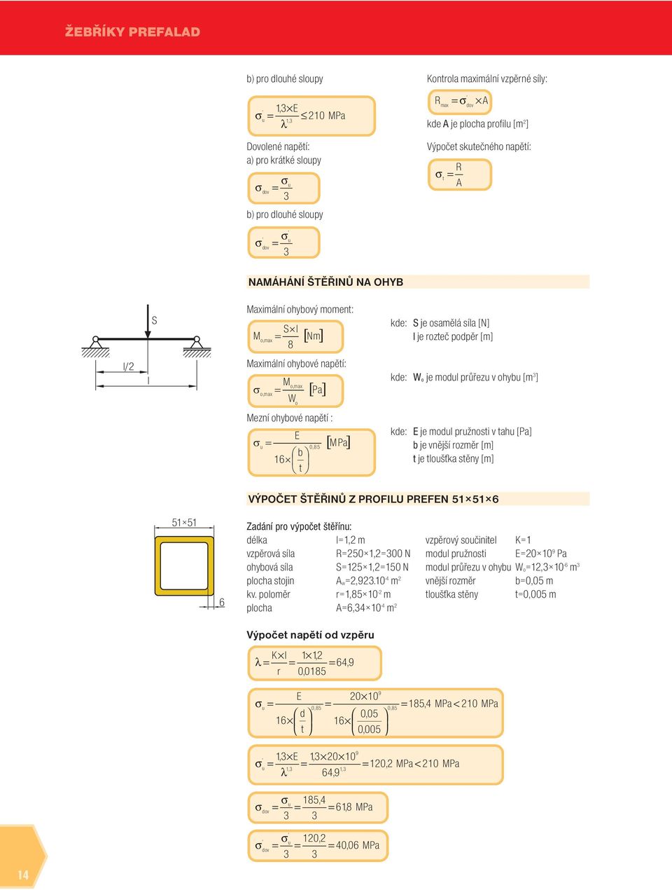 ] kde: E je md pržnsti v tah [Pa] b je vnější rzměr [m] t je tšťka stěny [m] VÝPOČET ŠTĚŘINŮ Z PROFIU PREFEN 5 5 5 5 Zadání pr výpčet štěřín: déka, m vzpěrvá sía R50,00 N hybvá sía S5,50 N pcha stjin