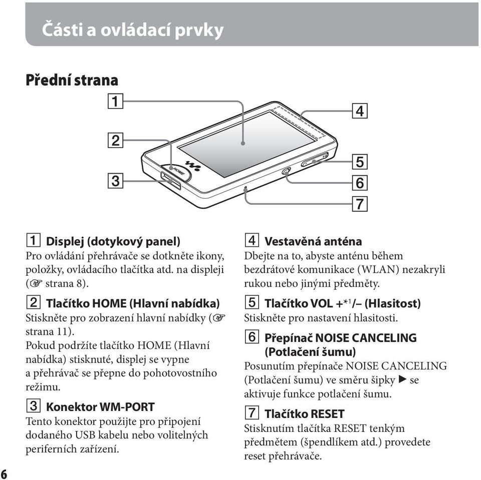 Pokud podržíte tlačítko HOME (Hlavní nabídka) stisknuté, displej se vypne a přehrávač se přepne do pohotovostního režimu.