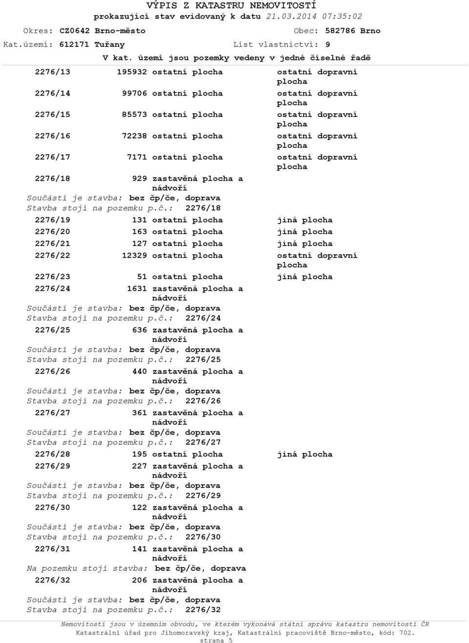 č.: 2276/24 2276/25 636 zastavěná a Sučástí je stavba: bez čp/če, dprava Stavba stjí na pzemku p.č.: 2276/25 2276/26 440 zastavěná a Sučástí je stavba: bez čp/če, dprava Stavba stjí na pzemku p.č.: 2276/26 2276/27 361 zastavěná a Sučástí je stavba: bez čp/če, dprava Stavba stjí na pzemku p.