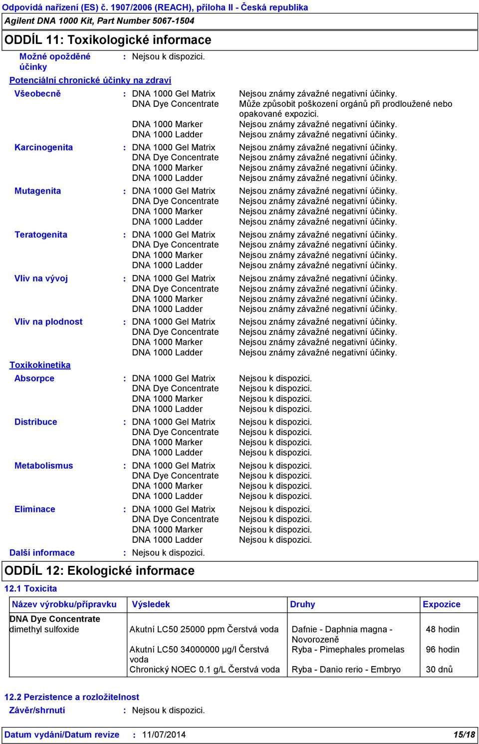 1 Toxicita Název výrobku/přípravku Výsledek Druhy Expozice dimethyl sulfoxide Akutní LC50 25000 ppm Čerstvá voda Dafnie - Daphnia magna - 48 hodin Novorozeně Akutní LC50 34000000 µg/l