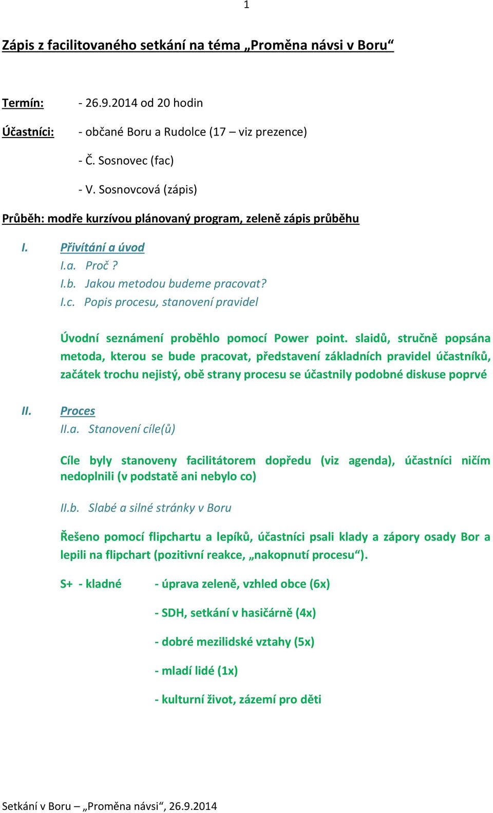 slaidů, stručně popsána metoda, kterou se bude pracovat, představení základních pravidel účastníků, začátek trochu nejistý, obě strany procesu se účastnily podobné diskuse poprvé II. Proces II.a. Stanovení cíle(ů) Cíle byly stanoveny facilitátorem dopředu (viz agenda), účastníci ničím nedoplnili (v podstatě ani nebylo co) II.