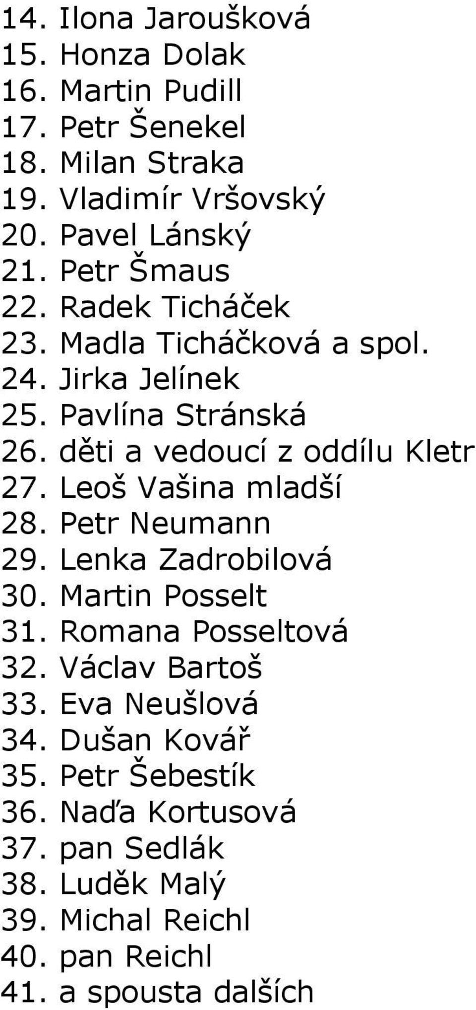 27 Leoš Vašina mladší 28 Petr Neumann 29 Lenka Zadrobilová 30 Martin Posselt 31 Romana Posseltová 32 Václav Bartoš 33 Eva