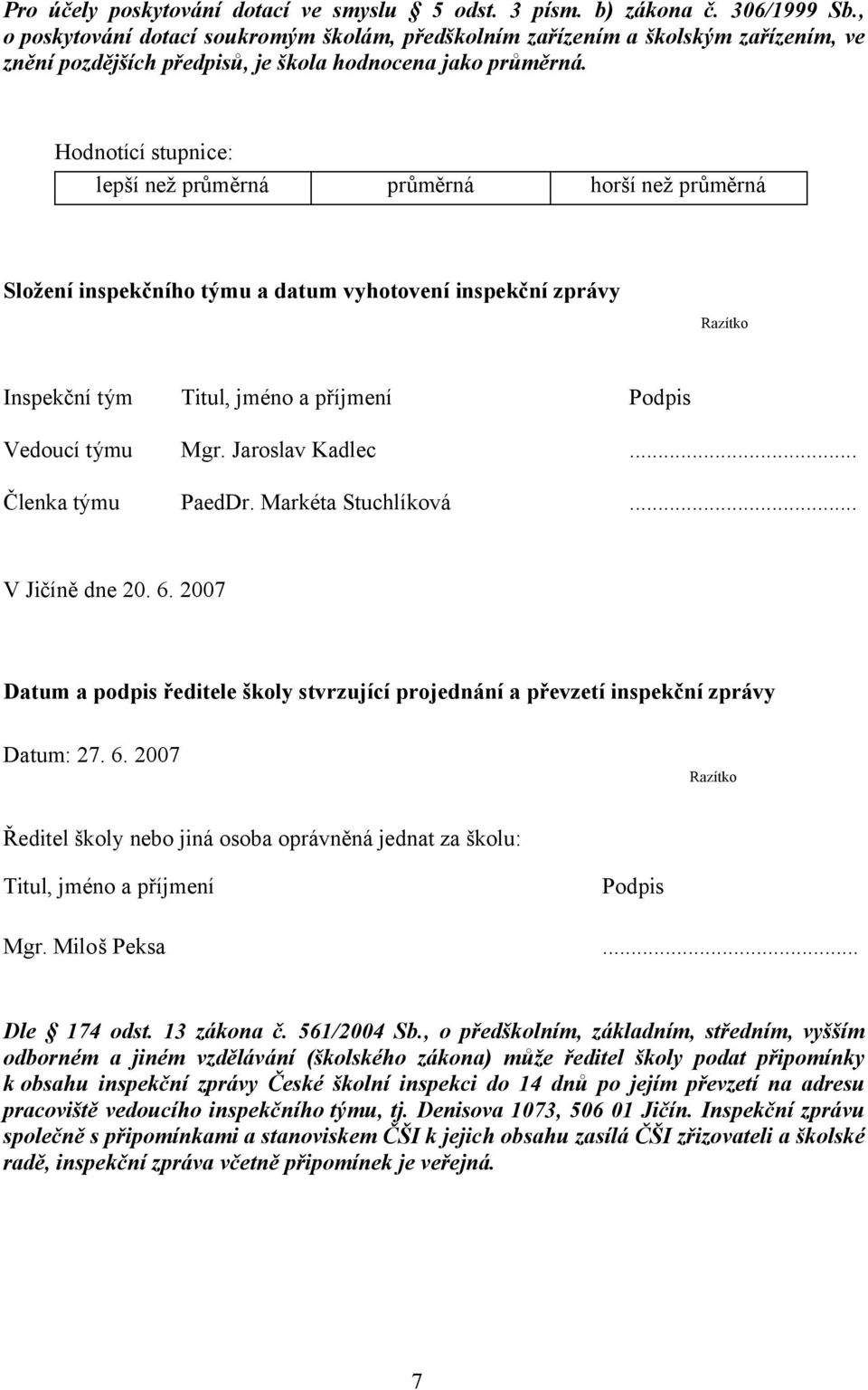 Hodnotící stupnice: lepší než průměrná průměrná horší než průměrná Složení inspekčního týmu a datum vyhotovení inspekční zprávy Razítko Inspekční tým Titul, jméno a příjmení Podpis Vedoucí týmu Mgr.