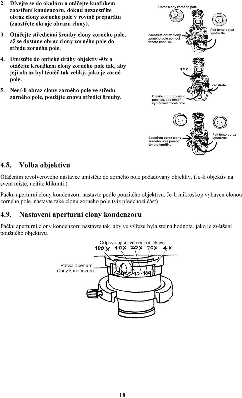 Umístěte do optické dráhy objektiv 40x a otáčejte kroužkem clony zorného pole tak, aby její obraz byl téměř tak veliký, jako je zorné pole. 5.