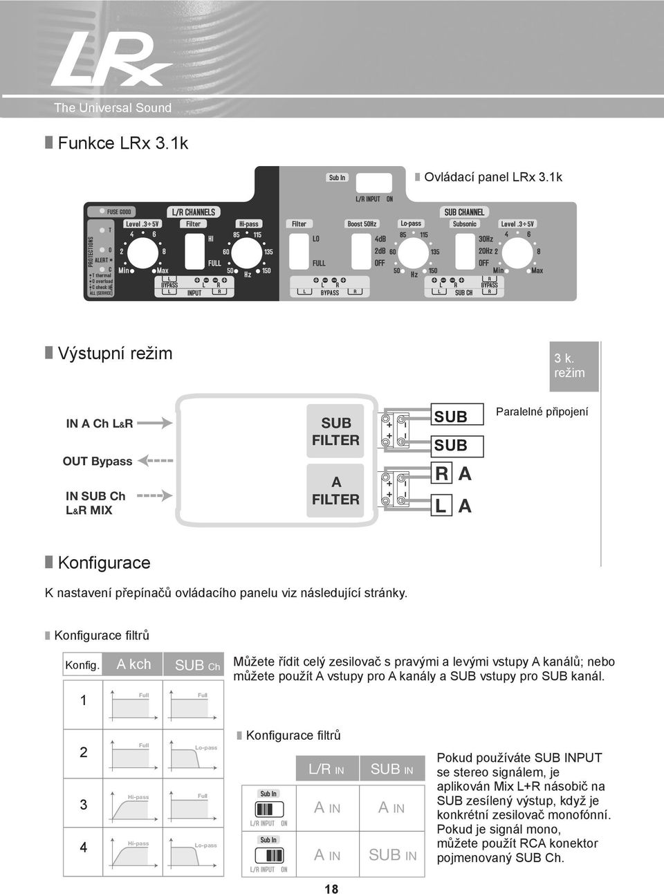 I Konfigurace filtrů Konfig. A kch SUB Ch Můžete řídit celý zesilovač s pravými a levými vstupy A kanálů; nebo můžete použít A vstupy pro A kanály a SUB vstupy pro SUB kanál.