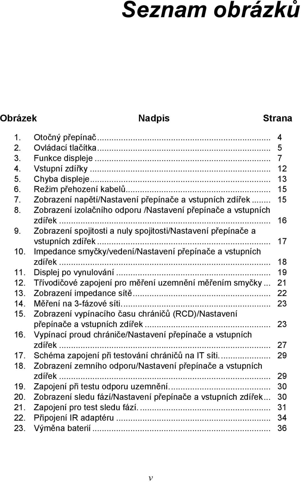 Zobrazení spojitosti a nuly spojitosti/nastavení přepínače a vstupních zdířek... 17 10. Impedance smyčky/vedení/nastavení přepínače a vstupních zdířek... 18 11. Displej po vynulování... 19 12.