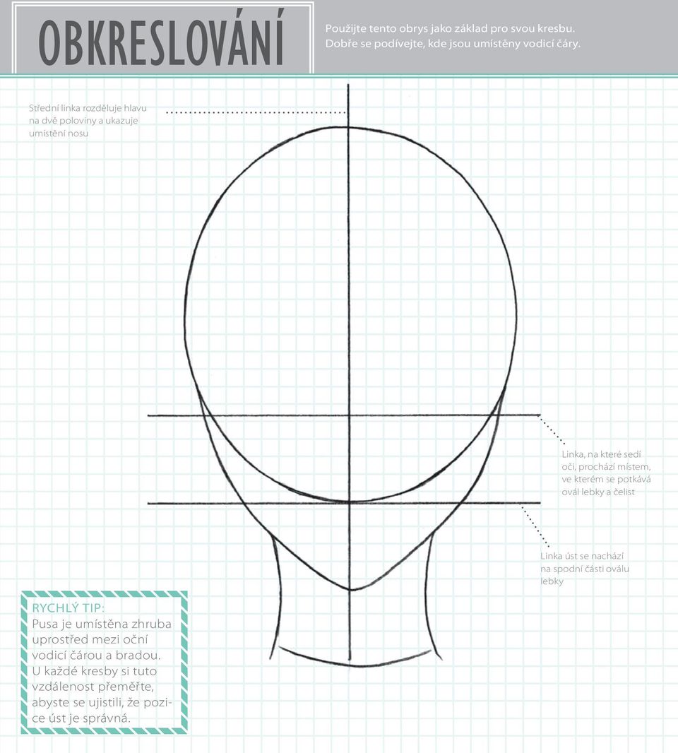 kterém se potkává ovál lebky a čelist Linka úst se nachází na spodní části oválu lebky RYCHLÝ TIP: Pusa je umístěna