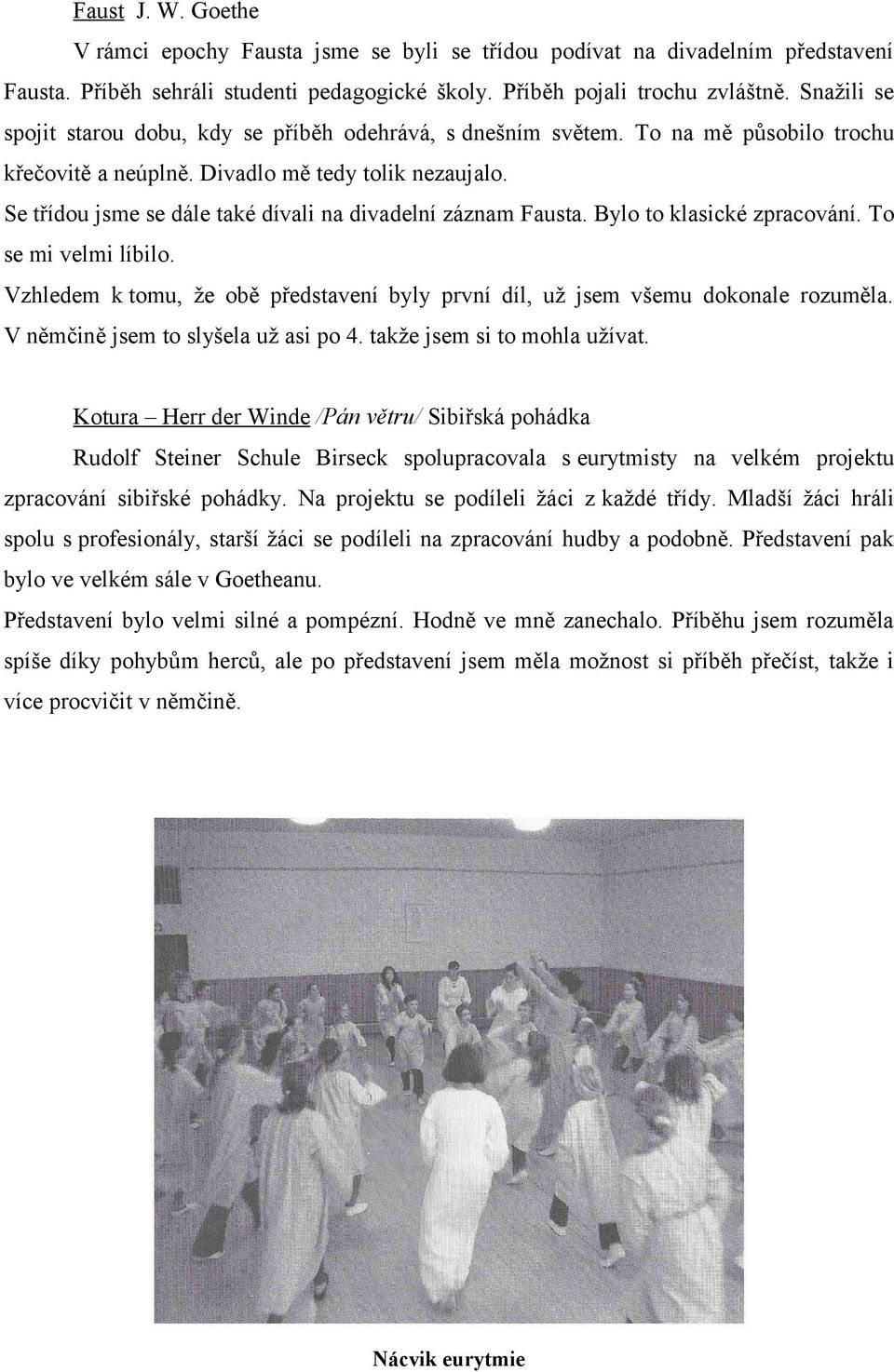 Se třídou jsme se dále také dívali na divadelní záznam Fausta. Bylo to klasické zpracování. To se mi velmi líbilo. Vzhledem k tomu, že obě představení byly první díl, už jsem všemu dokonale rozuměla.