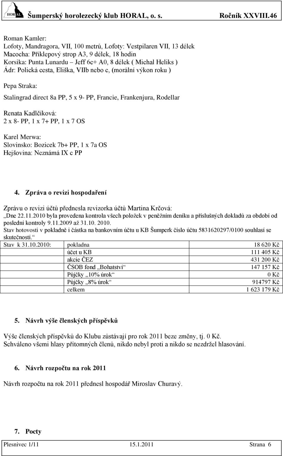 Merwa: Slovinsko: Bozicek 7b+ PP, 1 x 7a OS Hejšovina: Neznámá IX c PP 4. Zpráva o revizi hospodaření Zprávu o revizi účtů přednesla revizorka účtů Martina Krčová: Dne 22.11.