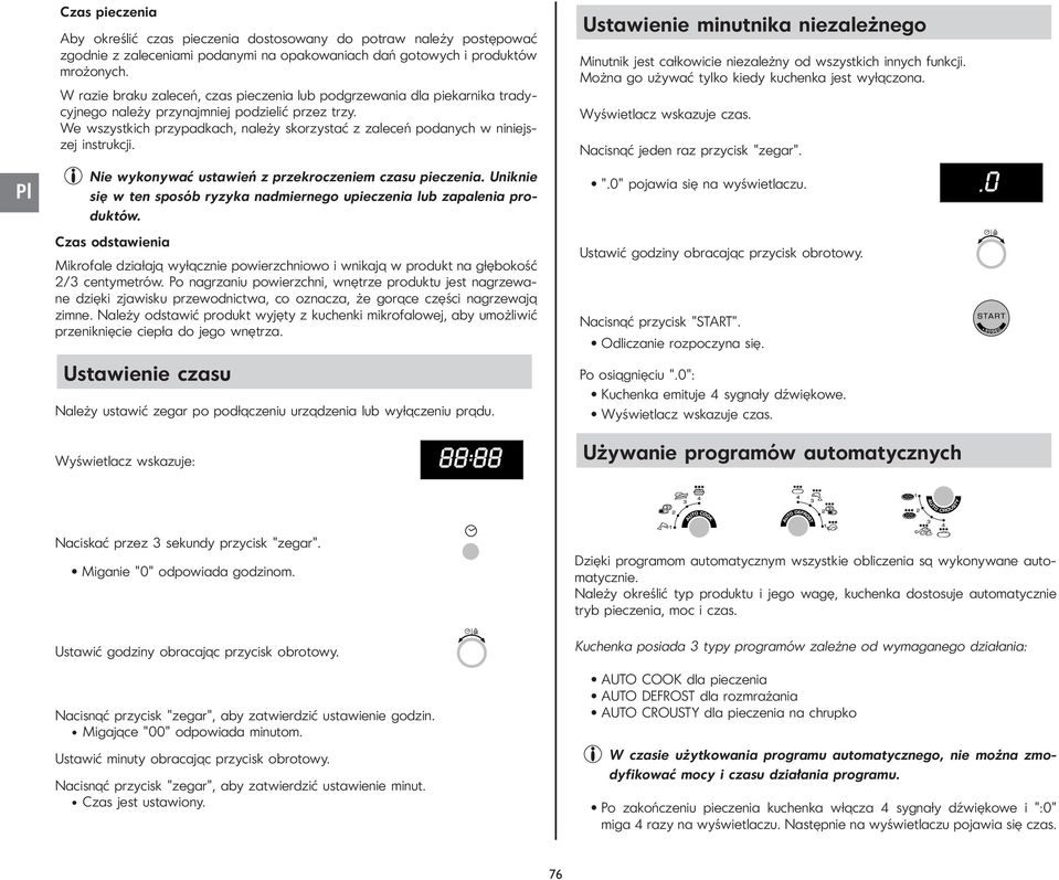 We wszystkich przypadkach, należy skorzystać z zaleceń podanych w niniejszej instrukcji. Nie wykonywać ustawień z przekroczeniem czasu pieczenia.