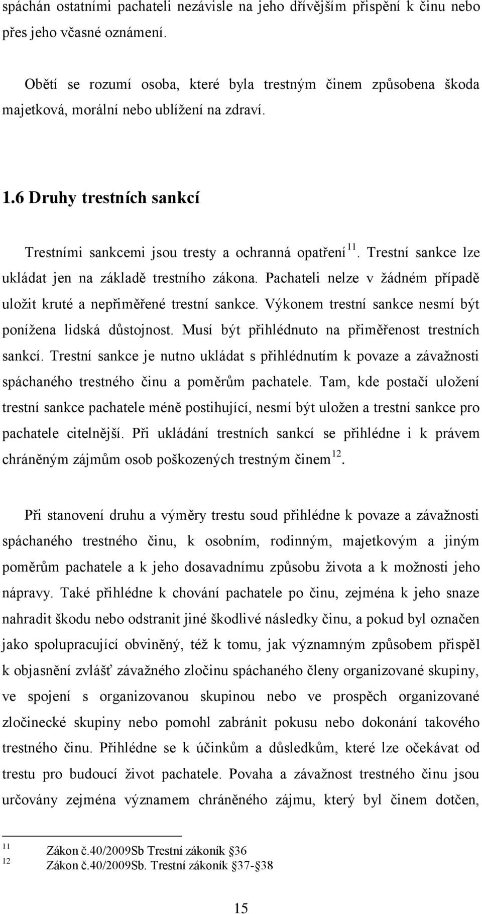 Trestní sankce lze ukládat jen na základě trestního zákona. Pachateli nelze v žádném případě uložit kruté a nepřiměřené trestní sankce. Výkonem trestní sankce nesmí být ponížena lidská důstojnost.