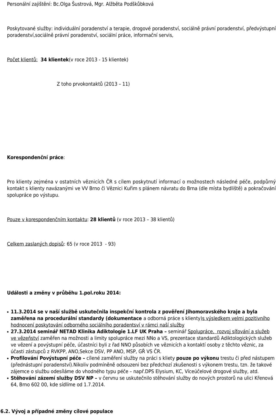 informační servis, Počet klientů: 34 klientek(v roce 2013-15 klientek) Z toho prvokontaktů (2013 11) Korespondenční práce: Pro klienty zejména v ostatních věznicích ČR s cílem poskytnutí informací o