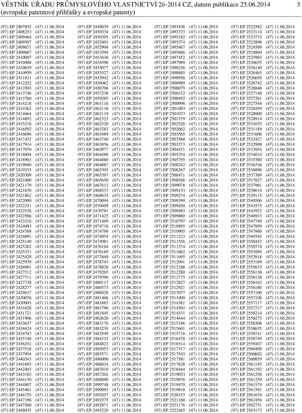 06.2014 (97) EP 2411831 (47) 11.06.2014 (97) EP 2412252 (47) 11.06.2014 (97) EP 2413503 (47) 11.06.2014 (97) EP 2413746 (47) 11.06.2014 (97) EP 2413760 (47) 11.06.2014 (97) EP 2414218 (47) 11.06.2014 (97) EP 2414362 (47) 11.