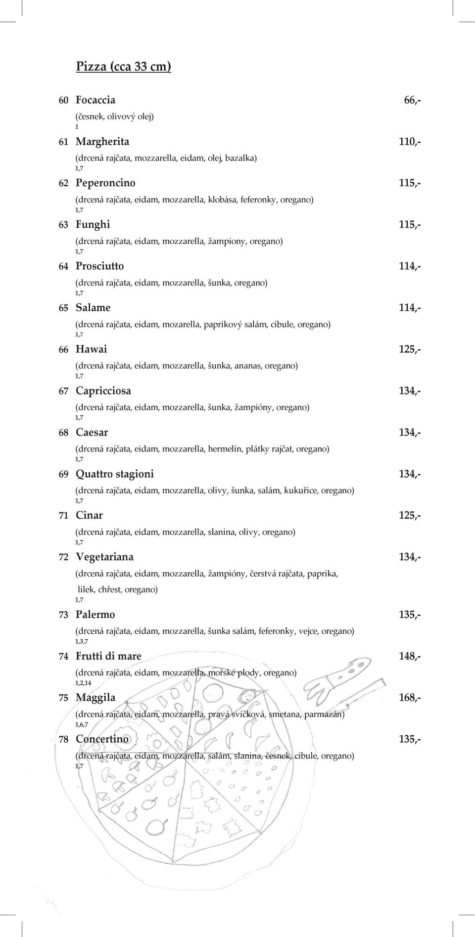 eidam, mozarella, paprikový sal{m, cibule, oregano) 66 Hawai 125,- (drcen{ rajčata, eidam, mozzarella, šunka, ananas, oregano) 6 Capricciosa 134,- (drcen{ rajčata, eidam, mozzarella, šunka, žampióny,