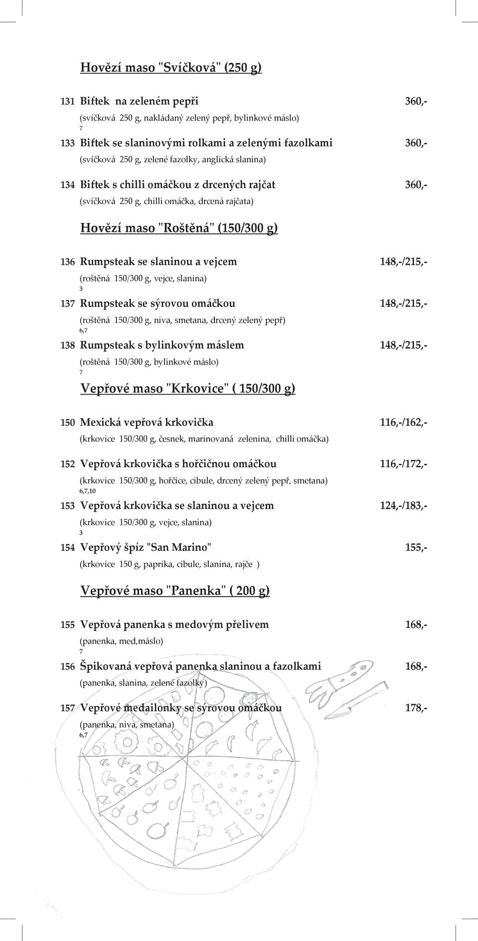 vejcem 148,-/215,- (roštěn{ 150/300 g, vejce, slanina) 3 13 Rumpsteak se sýrovou om{čkou 148,-/215,- (roštěn{ 150/300 g, niva, smetana, drcený zelený pepř) 6, 138 Rumpsteak s bylinkovým m{slem