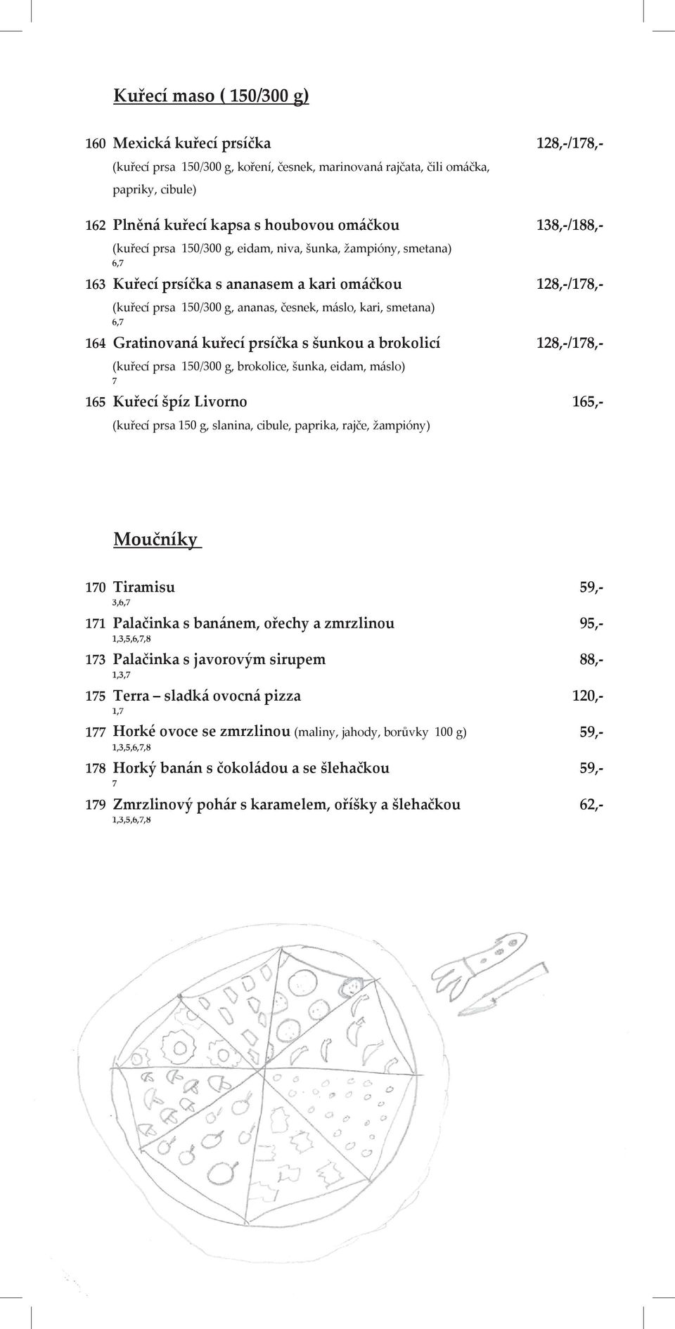 164 Gratinovan{ kuřecí prsíčka s šunkou a brokolicí 128,-/18,- (kuřecí prsa 150/300 g, brokolice, šunka, eidam, m{slo) 165 Kuřecí špíz Livorno 165,- (kuřecí prsa 150 g, slanina, cibule, paprika,