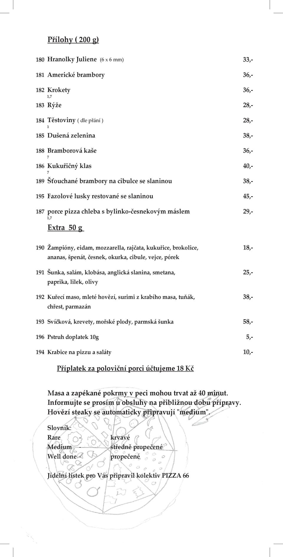 Žampióny, eidam, mozzarella, rajčata, kukuřice, brokolice, 18,- ananas, špen{t, česnek, okurka, cibule, vejce, pórek 191 Šunka, sal{m, klob{sa, anglick{ slanina, smetana, 25,- paprika, lilek, olivy