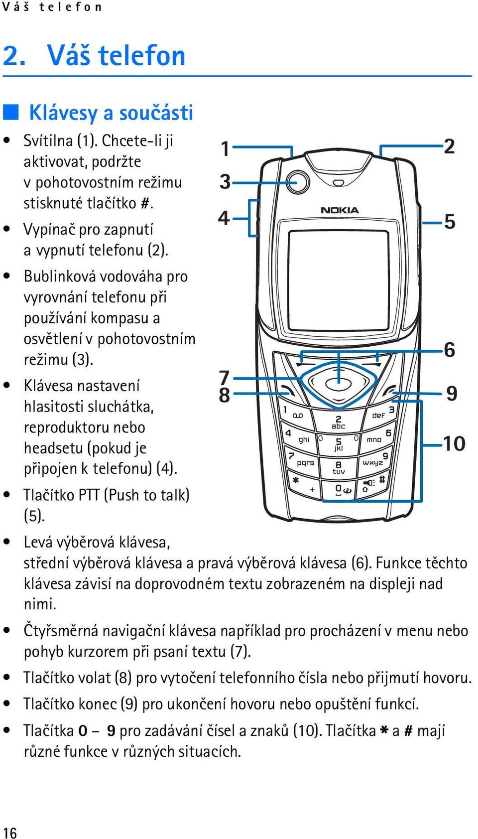 Klávesa nastavení hlasitosti sluchátka, reproduktoru nebo headsetu (pokud je pøipojen k telefonu) (4). Tlaèítko PTT (Push to talk) (5).