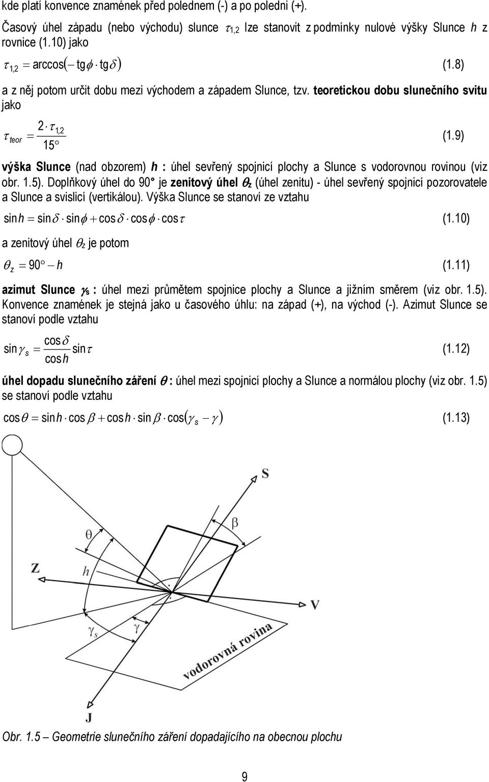 9) 15 výška Slunce (nad obzorem) h : úhel sevřený spojnicí plochy a Slunce s vodorovnou rovinou (viz obr. 1.5).