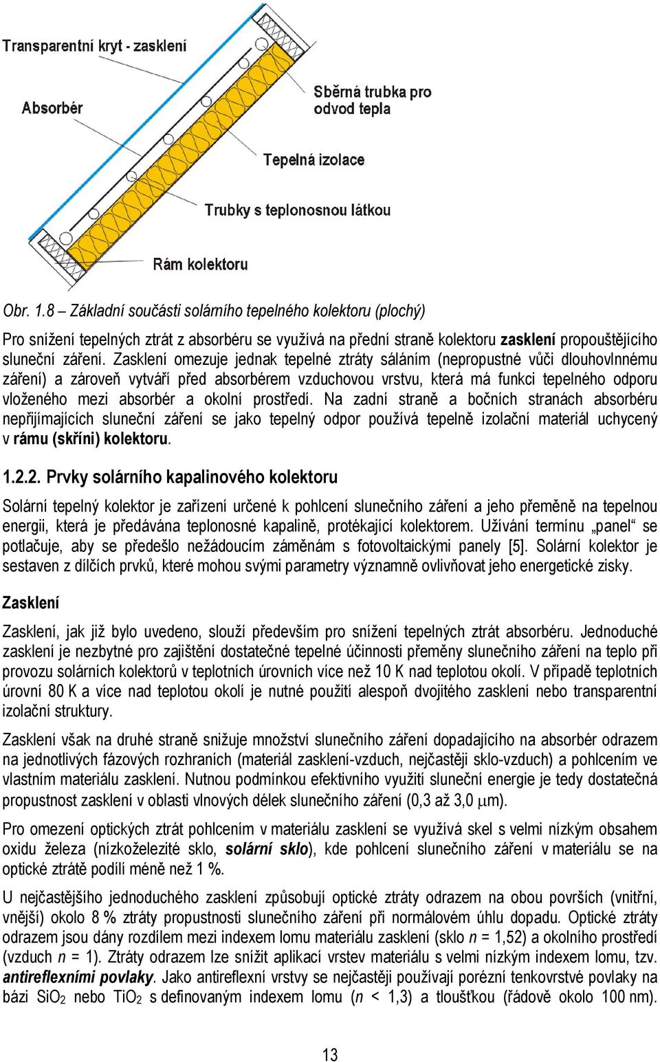 prosředí. Na zadní sraně a bočních sranách absorbéru nepřijímajících sluneční záření se jako epelný odpor používá epelně izolační maeriál uchycený v rámu (skříni) kolekoru. 1.2.