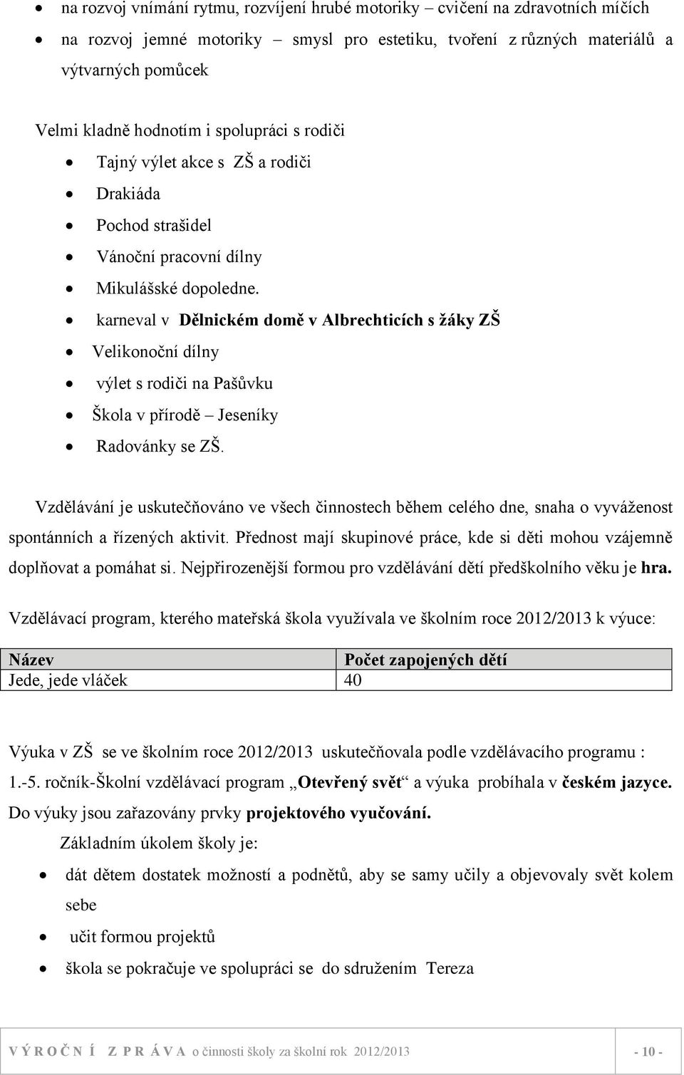 karneval v Dělnickém domě v Albrechticích s žáky ZŠ Velikonoční dílny výlet s rodiči na Pašůvku Škola v přírodě Jeseníky Radovánky se ZŠ.