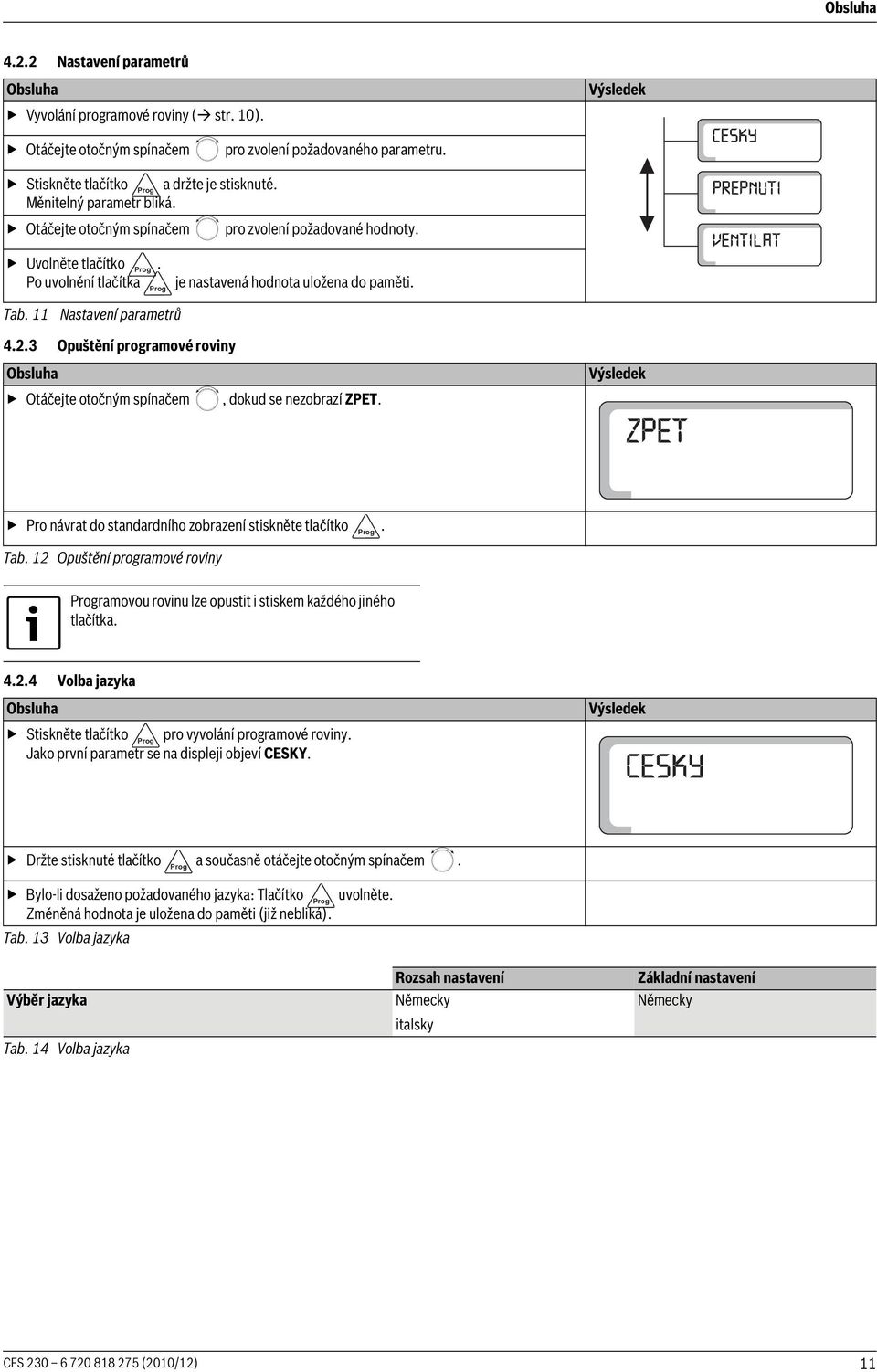 3 Opuštění programové roviny Otáčejte otočným spínačem, dokud se nezobrazí ZPET. Pro návrat do standardního zobrazení stiskněte tlačítko. Tab.