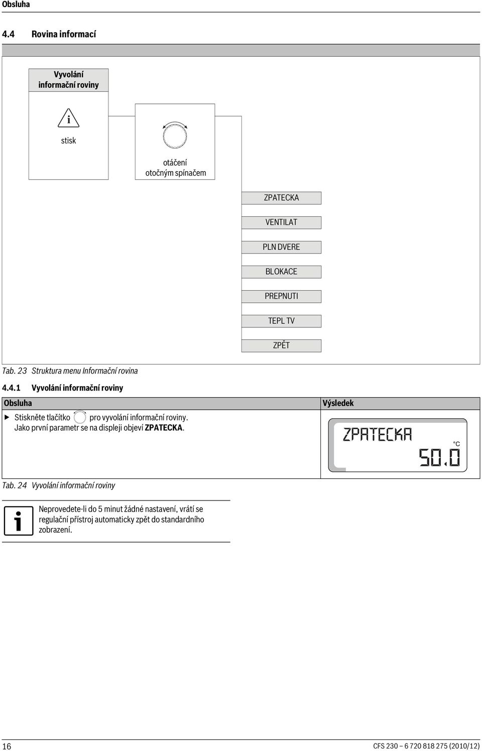 4.1 Vyvolání informační roviny Stiskněte tlačítko pro vyvolání informační roviny.