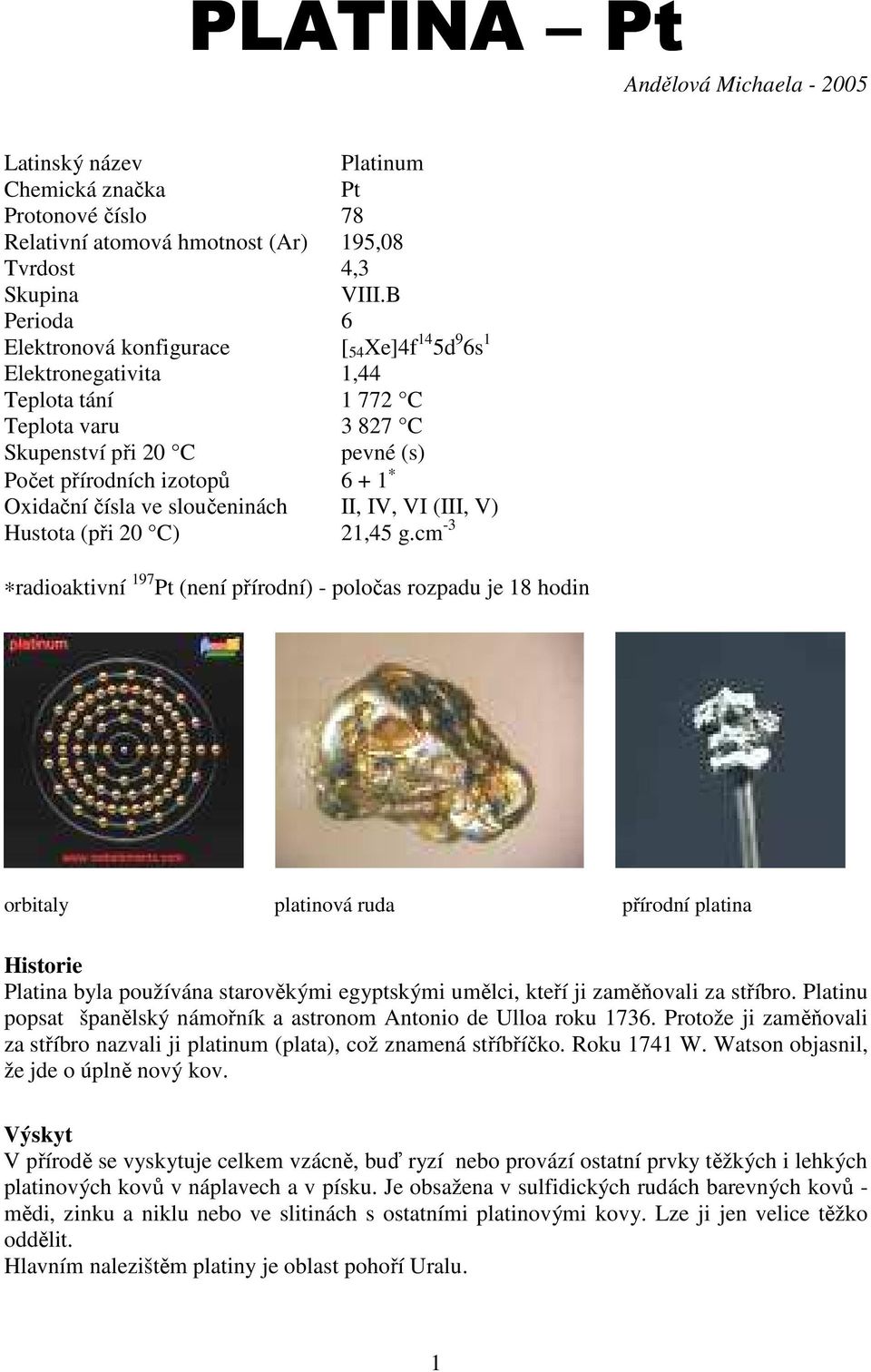 čísla ve sloučeninách II, IV, VI (III, V) Hustota (při 20 C) 21,45 g.