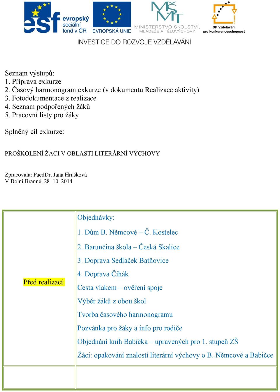 Dům B. Němcové Č. Kostelec 2. Barunčina škola Česká Skalice 3. Doprava Sedláček Batňovice Před realizací: 4.