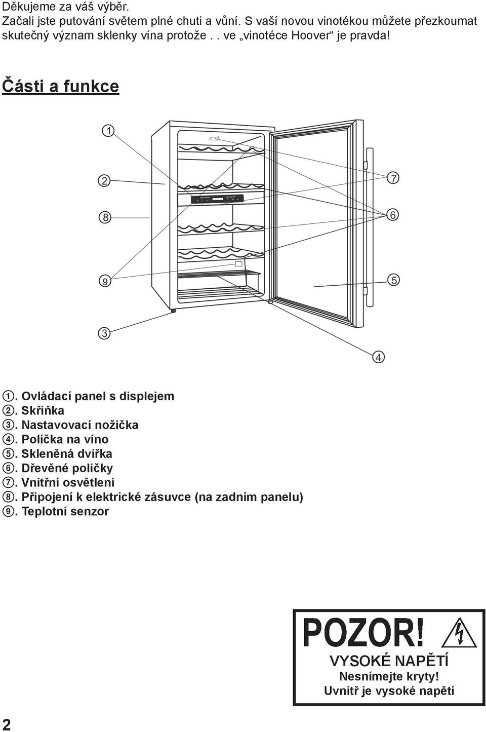 Části a funkce 1 2 7 8 6 9 5 3 4. Ovládací panel s displejem. Skříňka. Nastavovací nožička. Polička na víno.