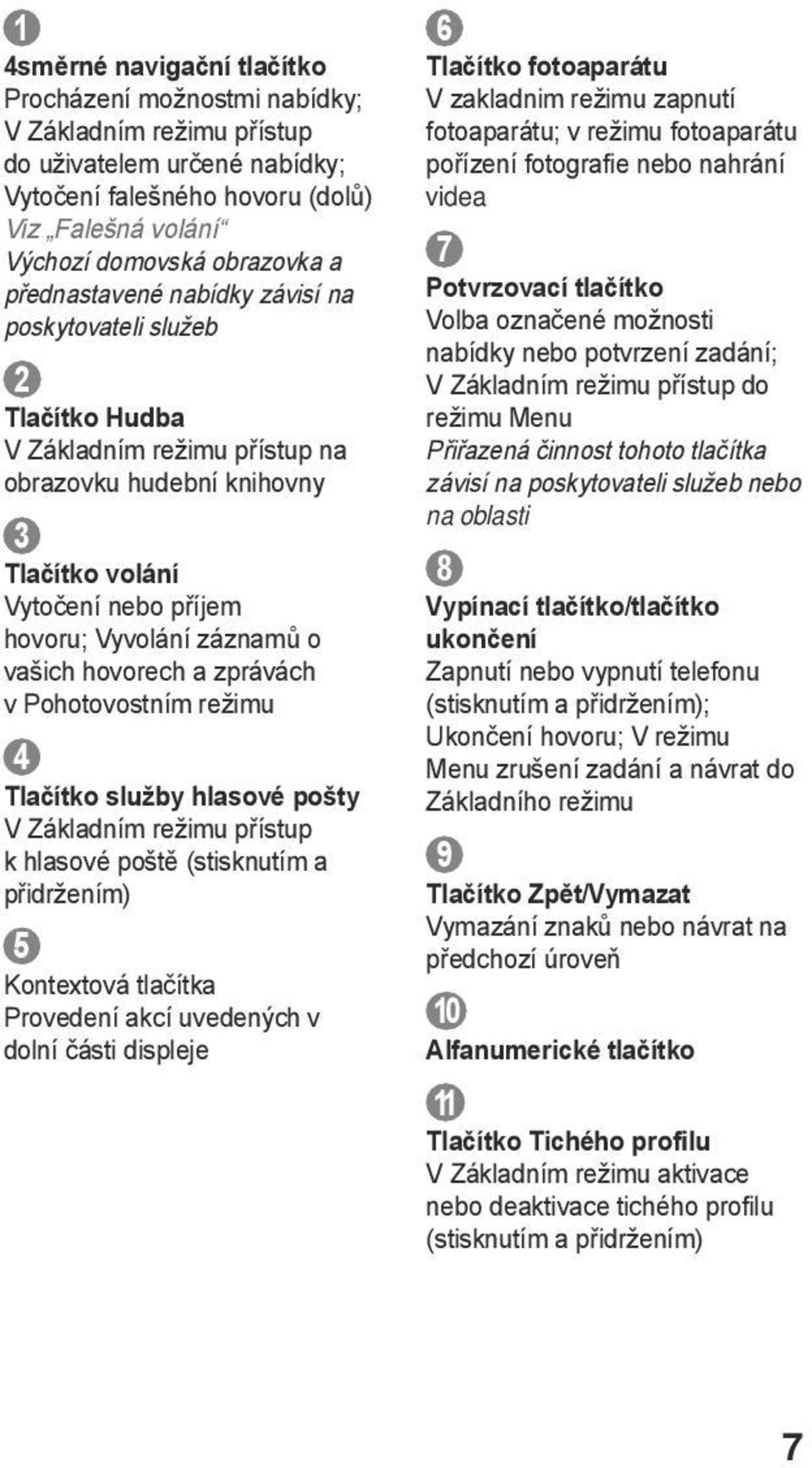 hovorech a zprávách v Pohotovostním režimu 4 Tlačítko služby hlasové pošty V Základním režimu přístup k hlasové poště (stisknutím a přidržením) 5 Kontextová tlačítka Provedení akcí uvedených v dolní