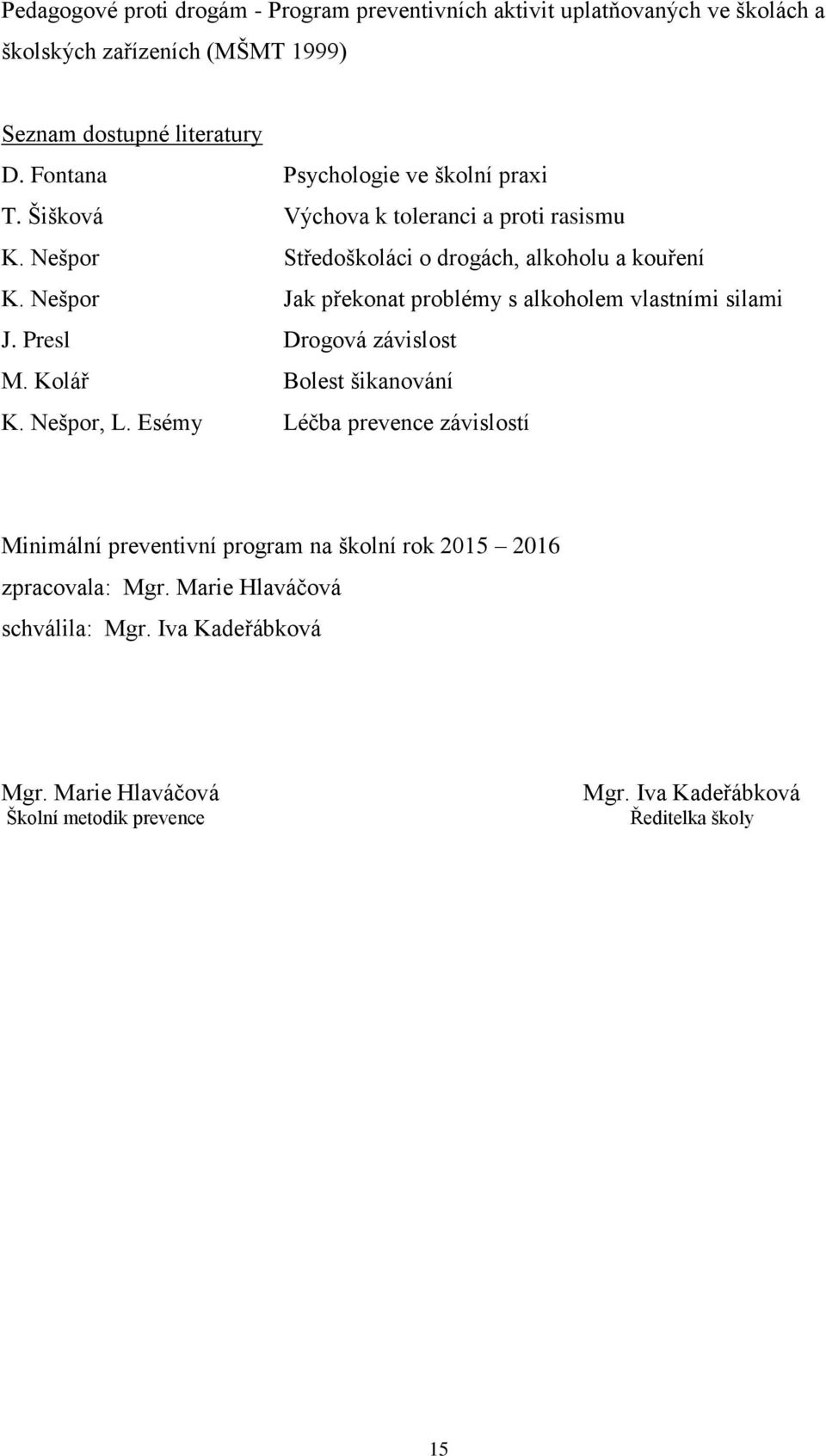 Nešpor Jak překonat problémy s alkoholem vlastními silami J. Presl Drogová závislost M. Kolář Bolest šikanování K. Nešpor, L.