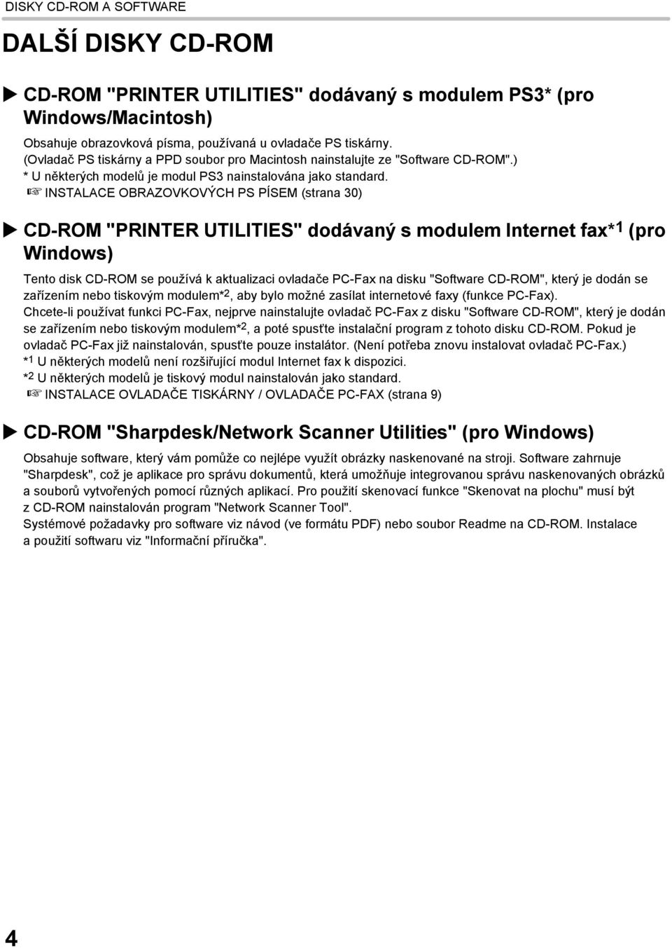 INSTALACE OBRAZOVKOVÝCH PS PÍSEM (strana 30) CD-ROM "PRINTER UTILITIES" dodávaný s modulem Internet fax* 1 (pro Windows) Tento disk CD-ROM se používá k aktualizaci ovladače PC-Fax na disku "Software