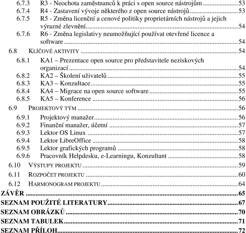 .. 55 6.8.3 KA3 Konzultace... 55 6.8.4 KA4 Migrace na open source software... 55 6.8.5 KA5 Konference... 56 6.9 PROJEKTOVÝ TÝM... 56 6.9.1 Projektový manažer... 56 6.9.2 Finanční manažer, účetní.