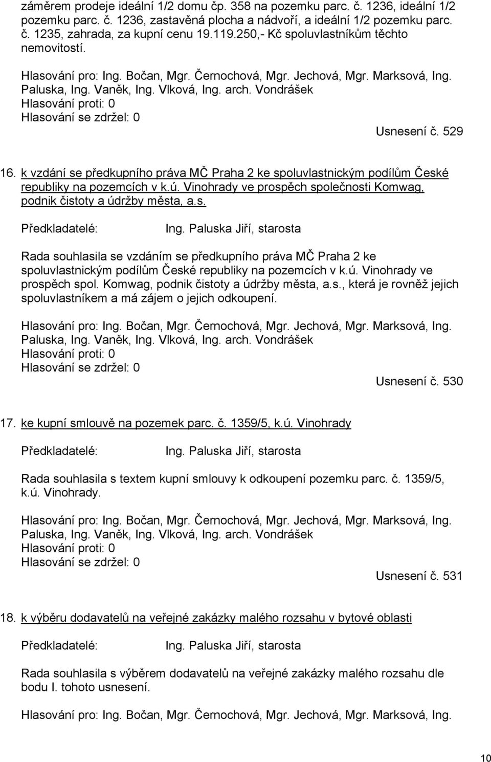 Vondrášek Hlasování proti: 0 Hlasování se zdržel: 0 Usnesení č. 529 16. k vzdání se předkupního práva MČ Praha 2 ke spoluvlastnickým podílům České republiky na pozemcích v k.ú.