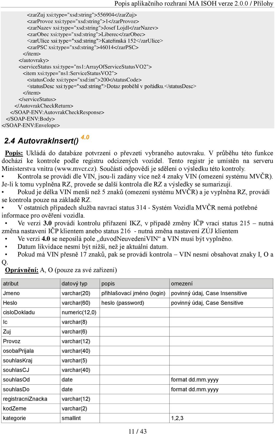 xsi:type="ns1:servicestatusvo2"> </AutovrakCheckReturn> </SOAP-ENV:AutovrakCheckResponse> 2.4 AutovrakInsert() 4.0 Popis: Ukládá do databáze potvrzení o převzetí vybraného autovraku.