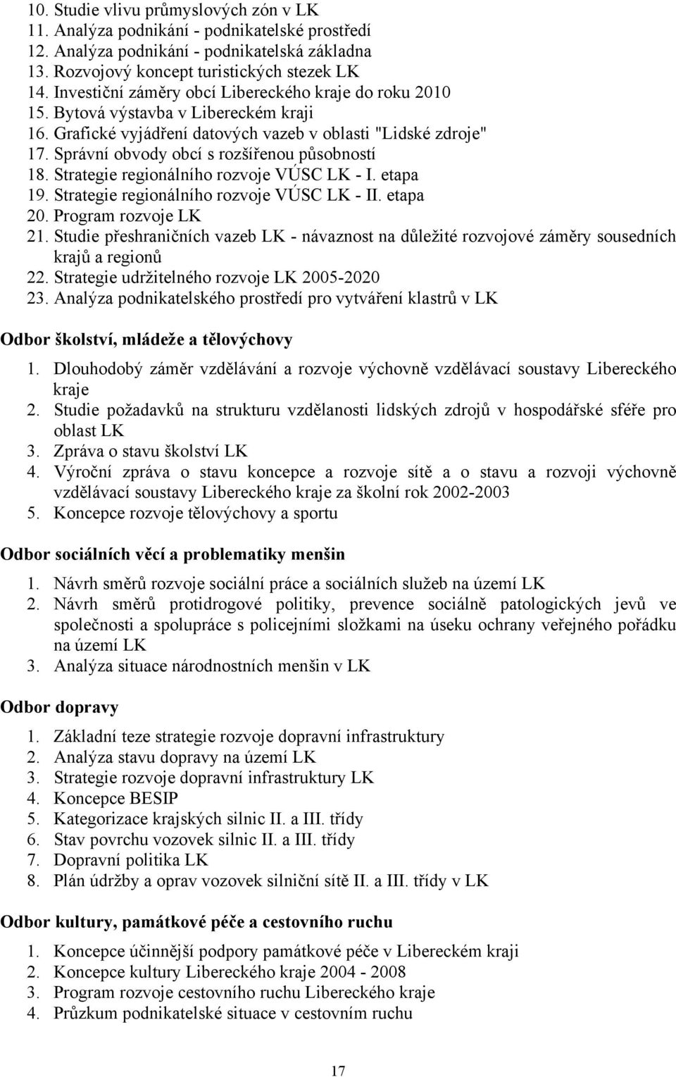 Správní obvody obcí s rozšířenou působností 18. Strategie regionálního rozvoje VÚSC LK - I. etapa 19. Strategie regionálního rozvoje VÚSC LK - II. etapa 20. Program rozvoje LK 21.