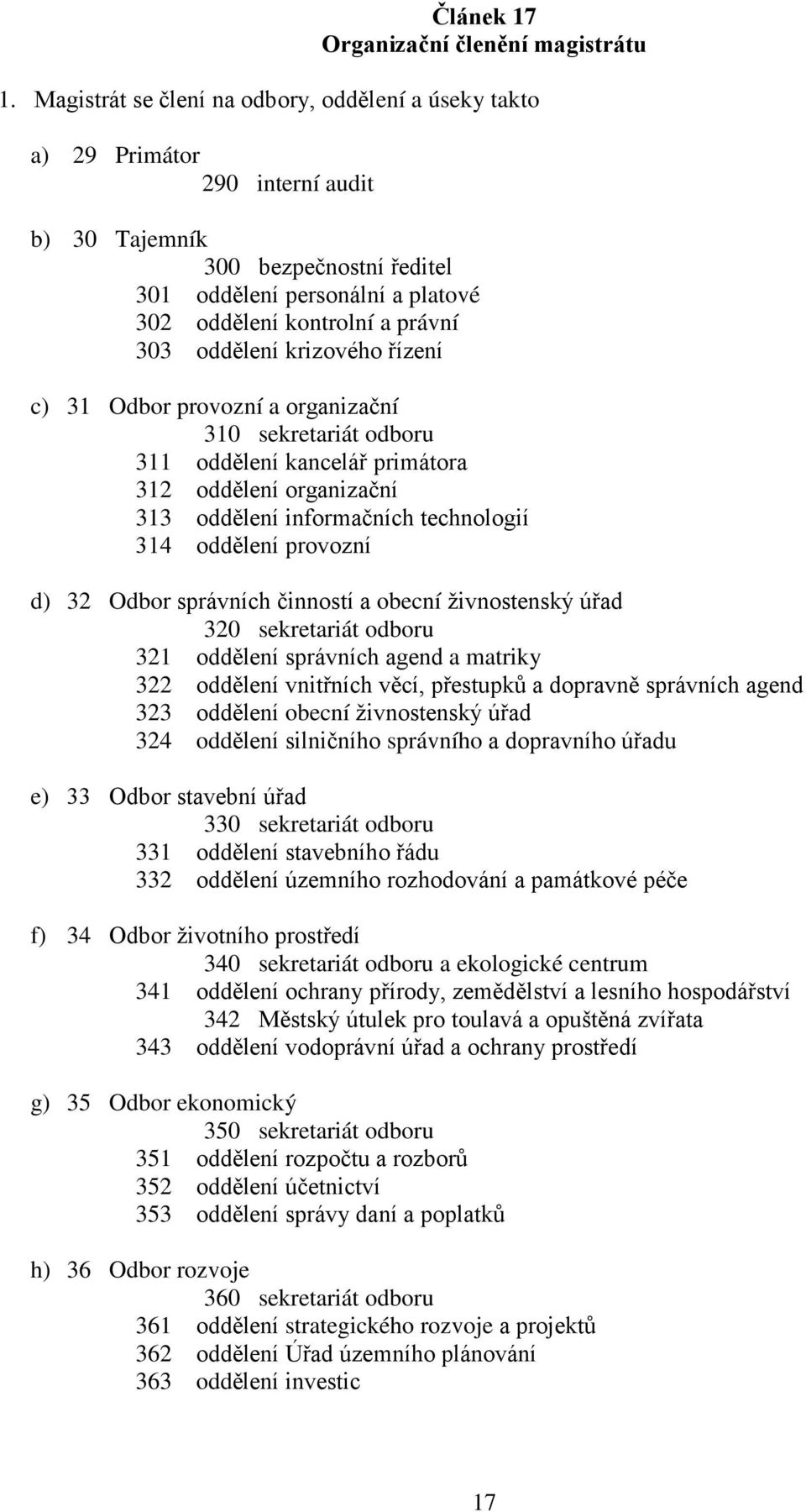 oddělení krizového řízení c) 31 Odbor provozní a organizační 310 sekretariát odboru 311 oddělení kancelář primátora 312 oddělení organizační 313 oddělení informačních technologií 314 oddělení