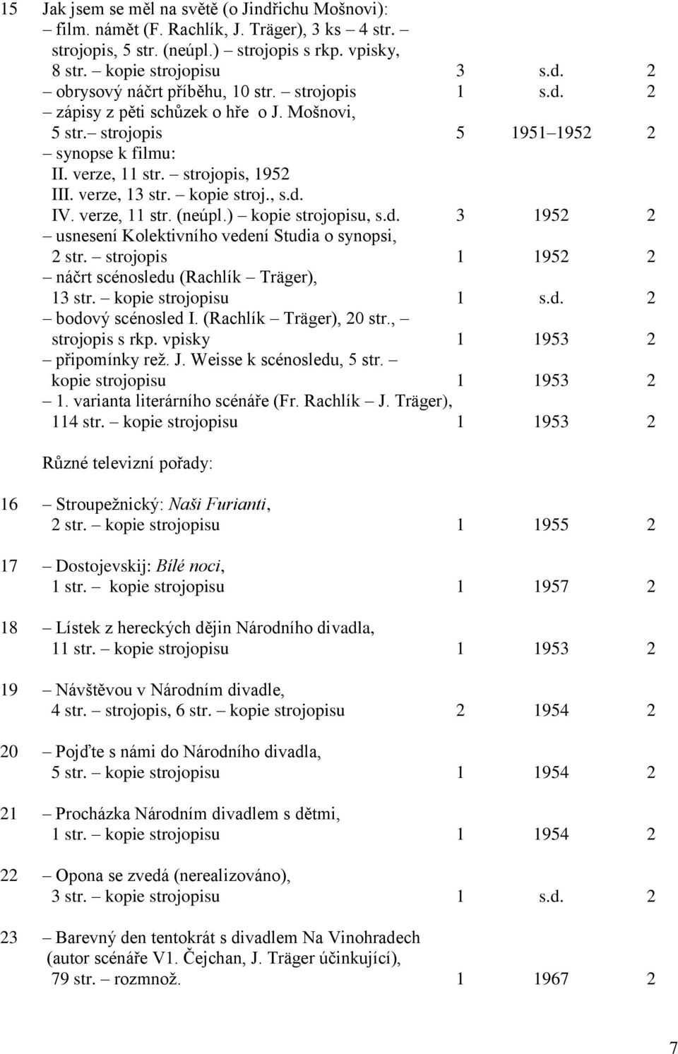 verze, 11 str. (neúpl.) kopie strojopisu, s.d. 3 1952 2 usnesení Kolektivního vedení Studia o synopsi, 2 str. strojopis 1 1952 2 náčrt scénosledu (Rachlík Träger), 13 str. kopie strojopisu 1 s.d. 2 bodový scénosled I.