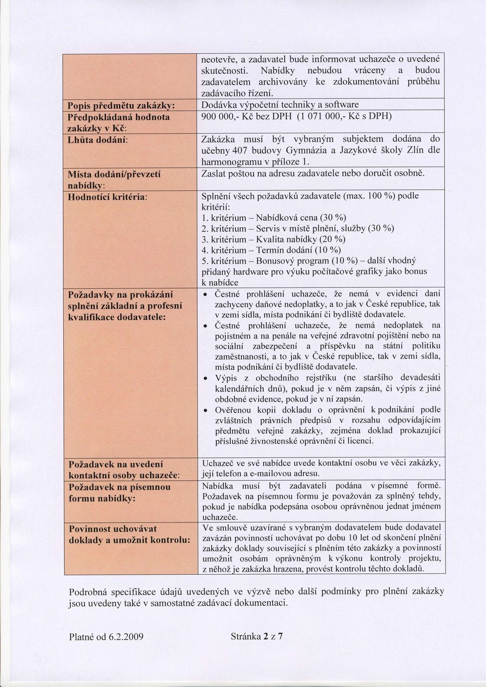 Dod6vka vfpodetni techniky a software 900 000,-Kd bez DPH (1 071 000,-Kd s DPH) ZakLzka musi bit vybranym subjektem dod6na do udebny 407 budovy Gymndzia a Jazvkov6 Skolv Zlin dle harmonosramuv