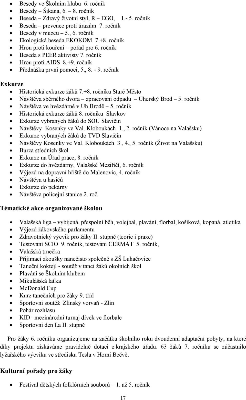 ročník Návštěva ve hvězdárně v Uh.Brodě 5. ročník Historická exkurze žáků 8. ročníku Slavkov Exkurze vybraných žáků do SOU Slavičín Návštěvy Kosenky ve Val. Kloboukách 1., 2.