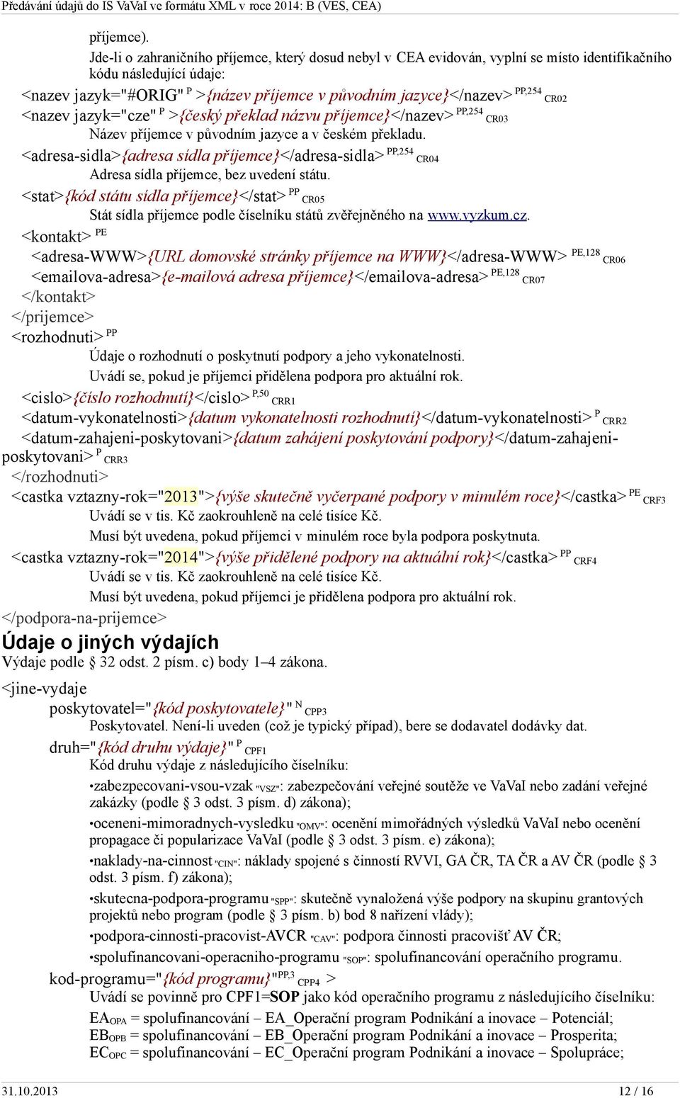 CR02 <nazev jazyk="cze" P >{český překlad názvu příjemce}</nazev> PP,254 CR03 Název příjemce v původním jazyce a v českém překladu.