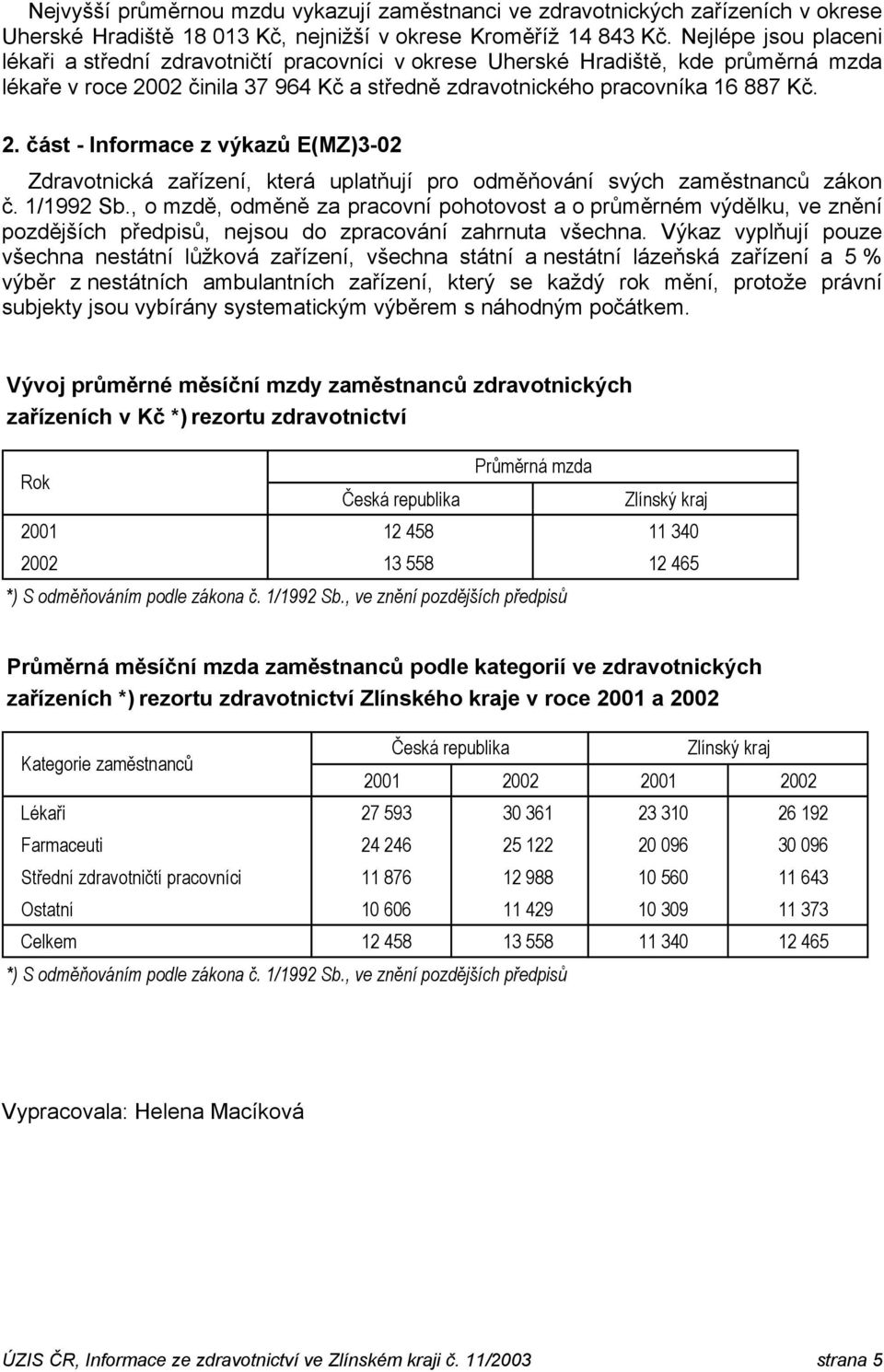 činila 37 964 Kč a středně zdravotnického pracovníka 16 887 Kč. 2. část - Informace z výkazů E(MZ)3-2 Zdravotnická zařízení, která uplatňují pro odměňování svých zaměstnanců zákon č. 1/1992 Sb.