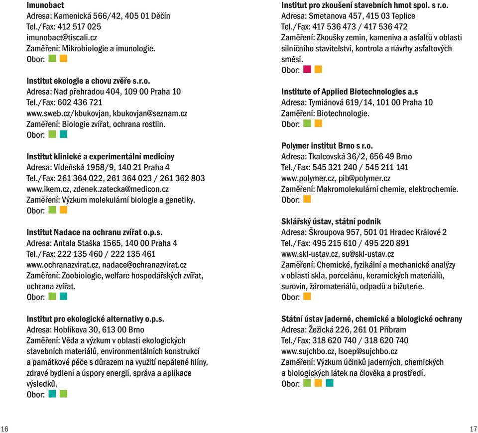 /Fax: 261 364 022, 261 364 023 / 261 362 803 www.ikem.cz, zdenek.zatecka@medicon.cz Zaměření: Výzkum molekulární biologie a genetiky. Institut Nadace na ochranu zvířat o.p.s. Adresa: Antala Staška 1565, 140 00 Praha 4 Tel.